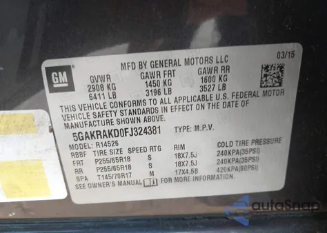 2015 Buick Enclave Convenience из США, поврежденный, VIN 5GAKRAKD0FJ324381